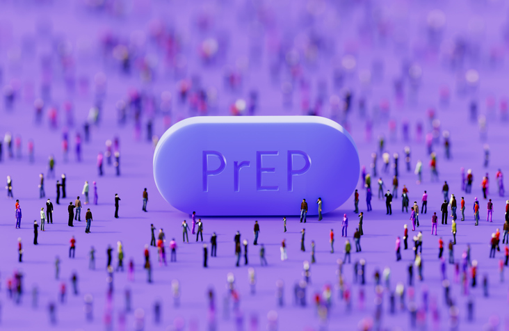 HIV prep pill surrounded by crowd of people on purple background